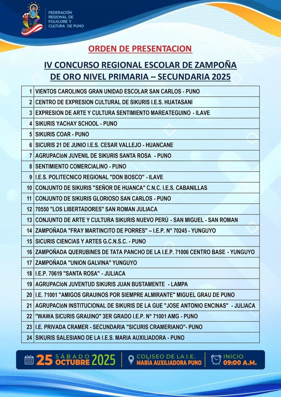 ORDEN DE PRESENTACIÓN "IV CONCURSO REGIONAL ESCOLAR DE ZAMPOÑA DE ORO NIVEL PRIMARIA - SECUNDARIA 2025